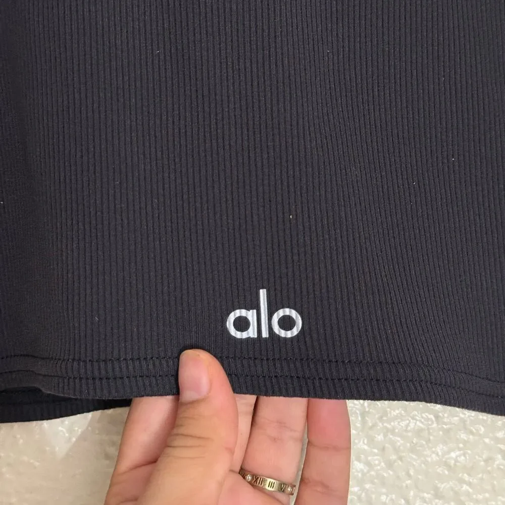 ALO YOGA Black Ribbed Cropped Savvy Short Sleeve Active Lounge Shirt Top Size XS